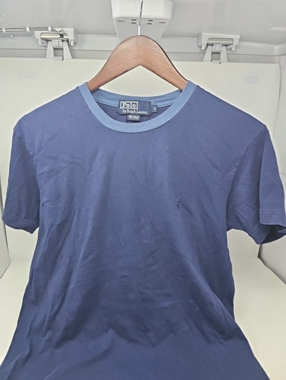 Polo by Ralph Lauren Mens Small Navy T-Shirt with Light Blue Rib Collar
